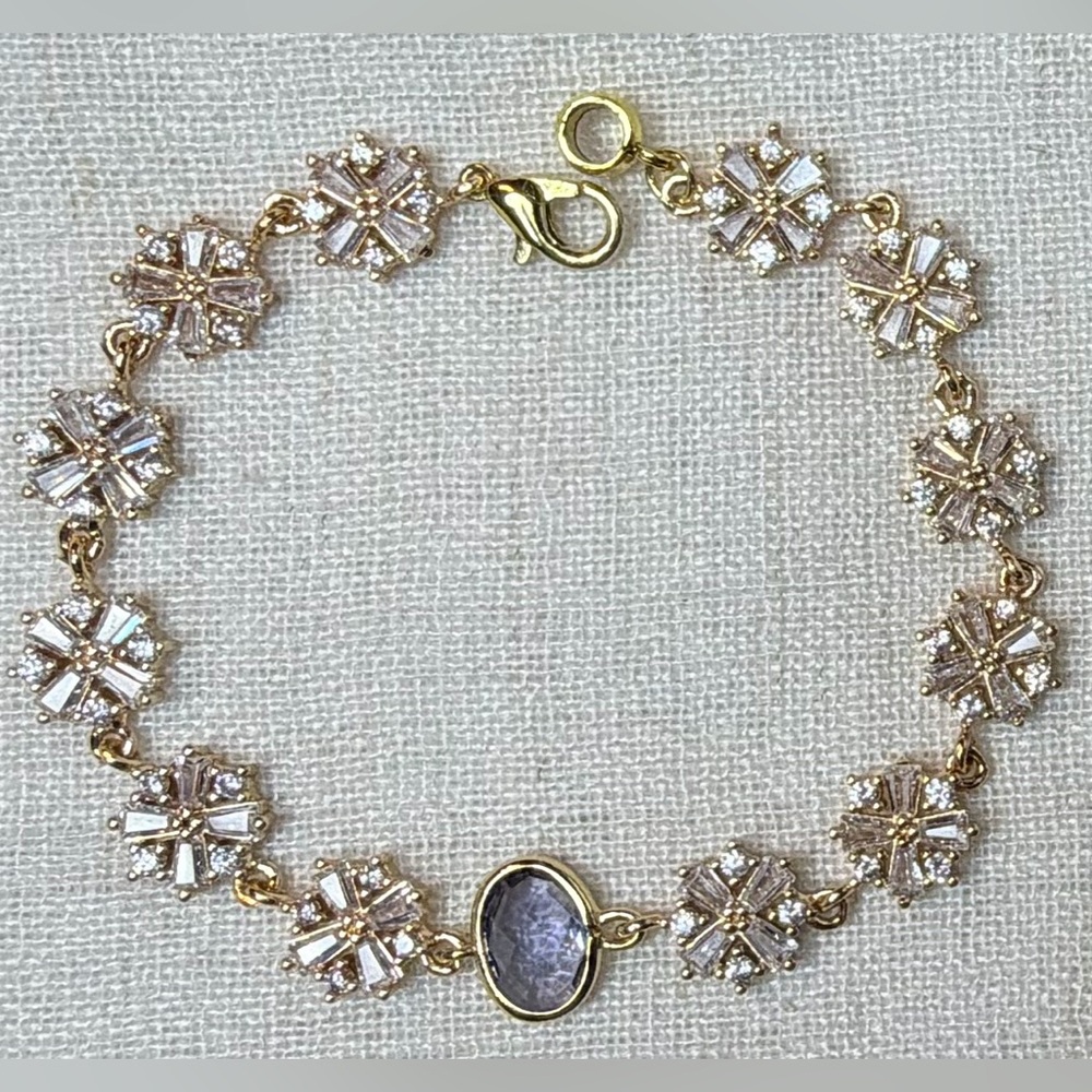 Elegant 18K gold plated bracelet,CZ snowflakes,Iolite oval quartz charm.GIFT